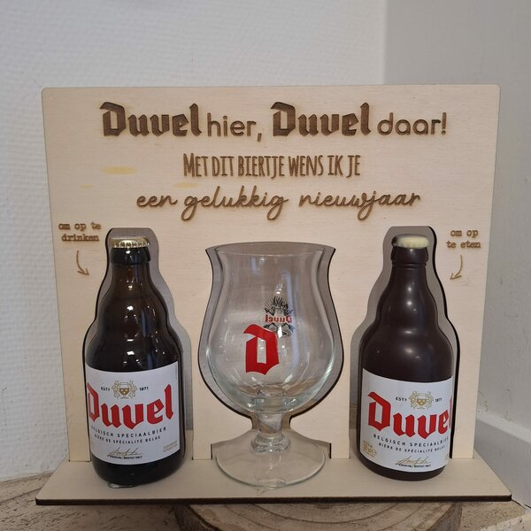 Duvelglas en flesje houder met tekst voor de feestdagen