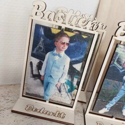 Hoop 10 cm rechthoek met foto met naam bovenaan 