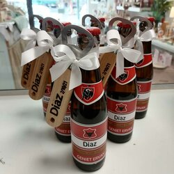 Jupiler flesje met gepersonaliseerd etiket + gegraveerde opendoender
