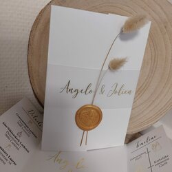 Trouwkaart Angelo en Jolien met bloemen en waxzegel